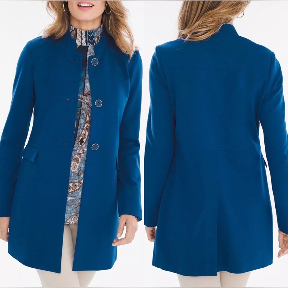 Chico’s Clean Ponte Button Down Jacket Blue Stretchy Size 2